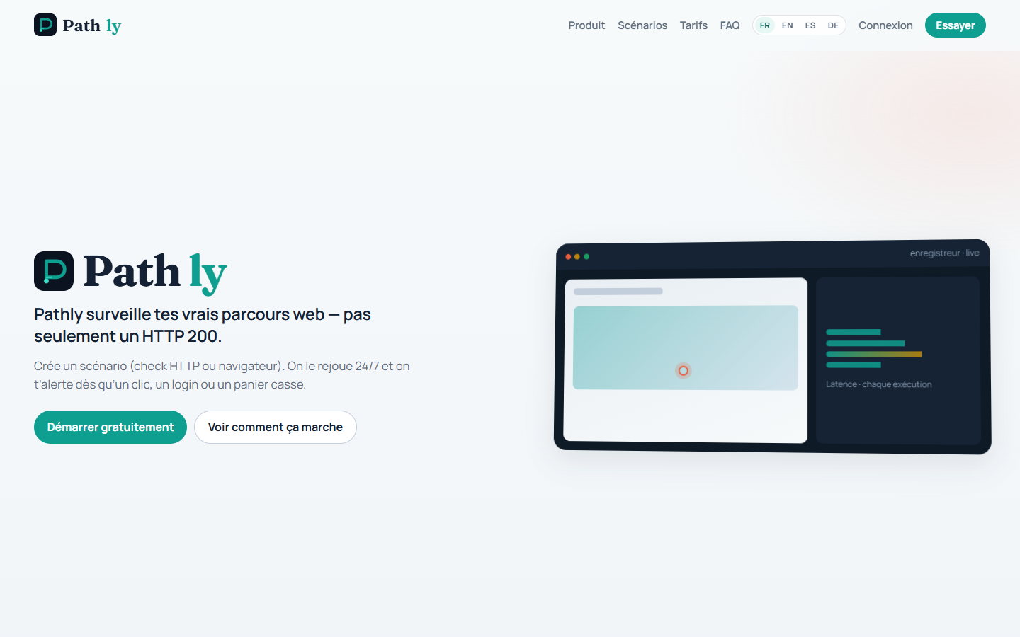 Pathly homepage: HTTP and browser journey monitoring.